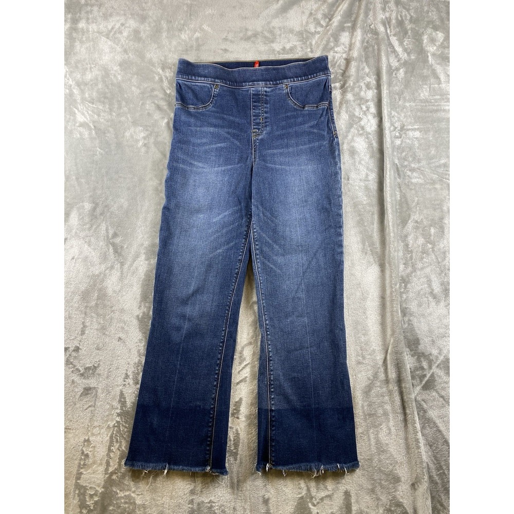 Spanx Womens Jeans Cropped Flare Blue Raw Hem Two Tone Pull On High Rise Medium
